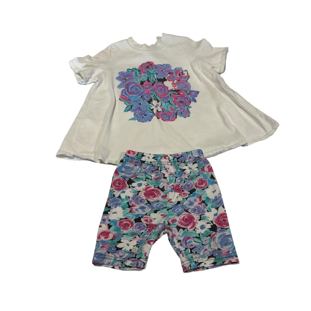 Vintage Cool Wear Kids Floral Shorts Set White Swing Top Purple Pink 4/6X USA